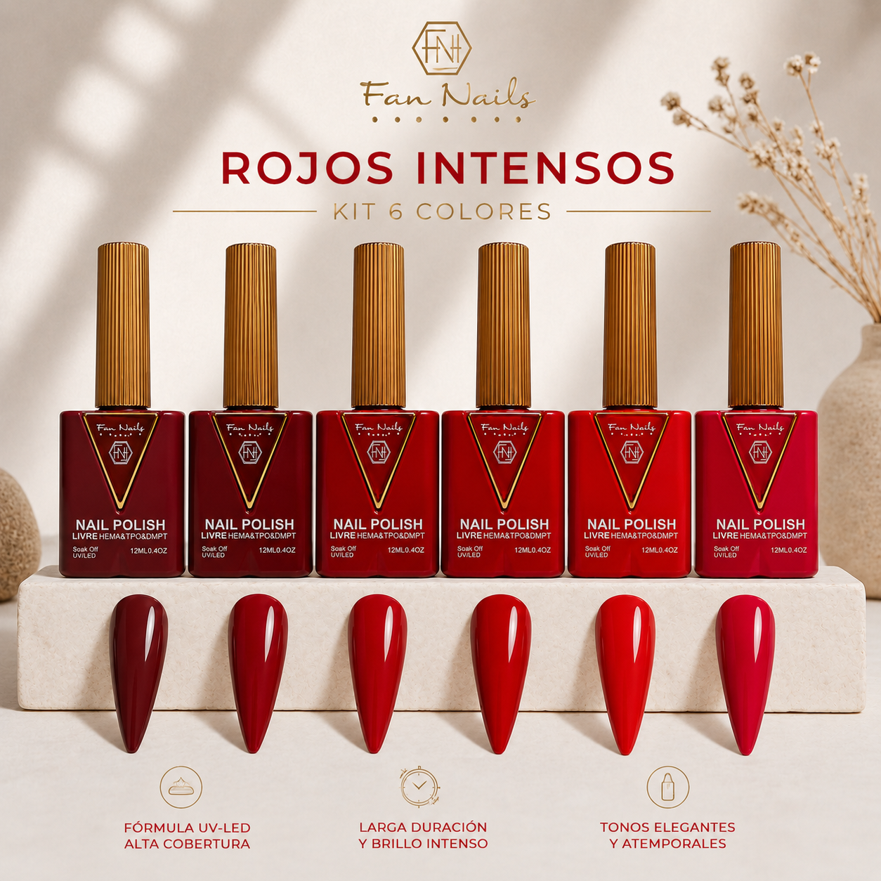 Kit de esmaltes Fan Nails en tonos Rojos Intensos, 6 unidades